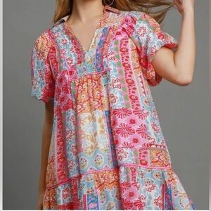 Umgee Boho Mixed Floral Patchwork Babydoll Mini Dress XL